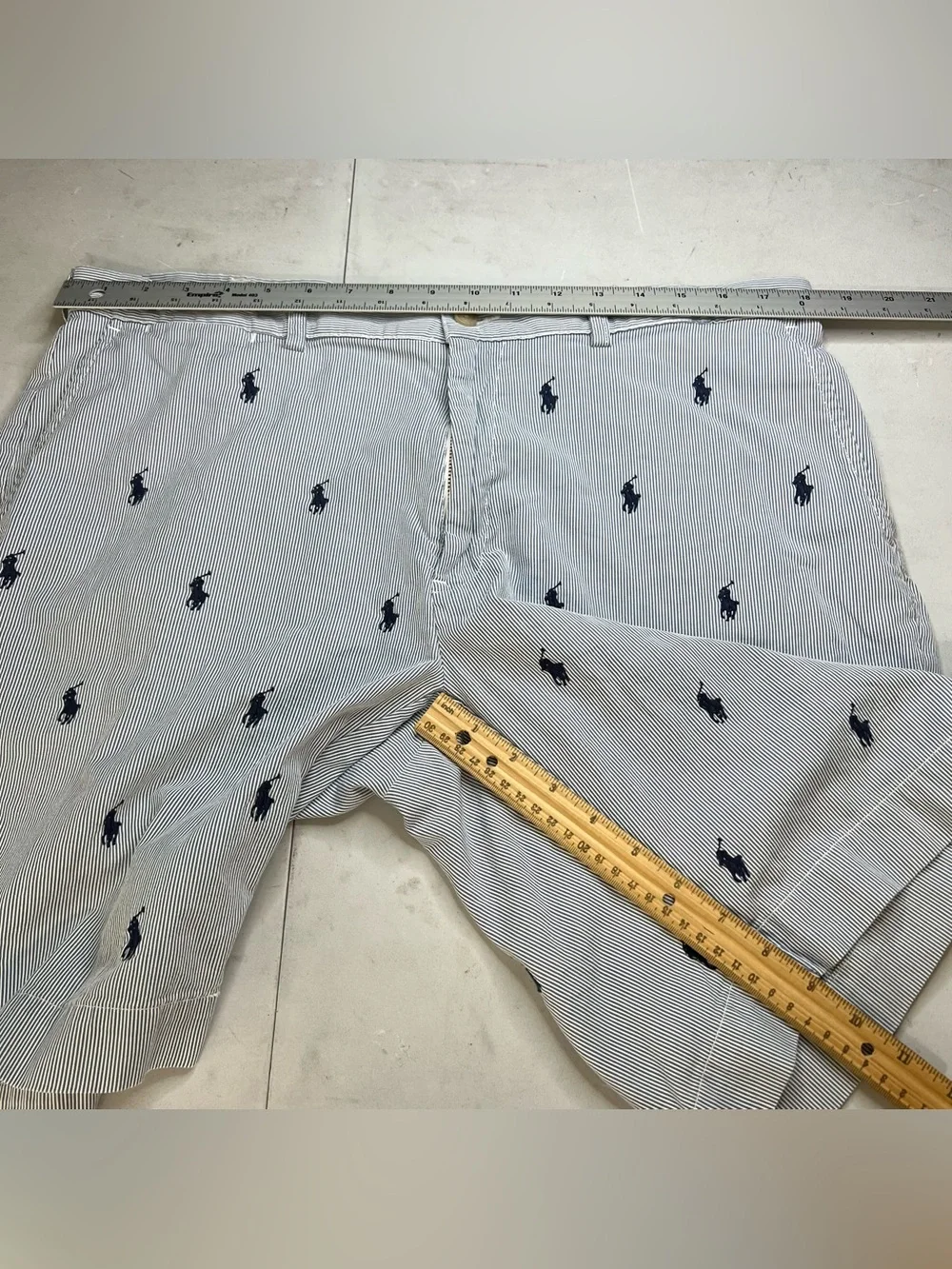 Polo Ralph Lauren All Over Pony Logo Print Seersucker Shorts Mens 36 Blue